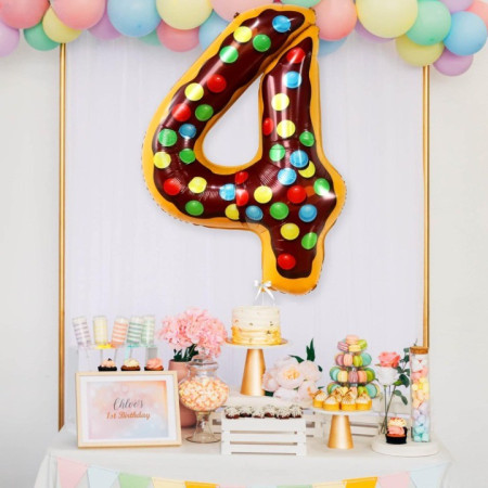 Balon din Folie Metalizata Cyrax, Figurina Cifra, Imprimeu Gogosi, Tema Aniversare 100 cm, Ambalaj Individual, Pai inclus, Umflare cu Aer sau Heliu, Multicolor, Cifra 4