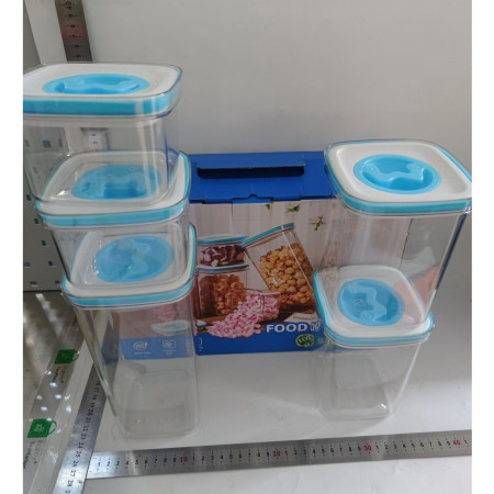 Set 5 Cutii de Depozitare pentru Bucatarie, Cyrax, 2 x 600ml, 2 x 1.3L, 1 x 2L, din ABS+PET+Silicon, Capac Alb/Albastru, 23 x 10 x 10 cm, Transparent