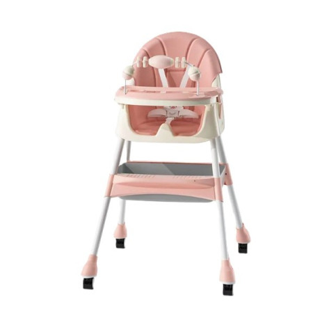 Scaun de Masa 2in1, Cyrax, pentru Copii de la 6 luni - 5 Ani, Inaltime Reglabila, Centura in 5 Puncte, Tava de Masa, Roti cu Frana, Cos Depozitare, Jucarie Inclusa, 94 x 78 x 60 cm, Roz