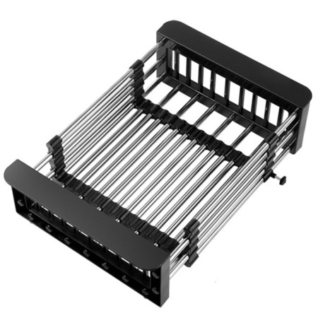 Suport Scurgere Extensibil pentru Bucatarie, Cyrax, Uscator Vase din Otel Inoxidabil, Suport Tacamuri si Pahare, Suport pentru Fructe si Legume, 29 x 22 x 9.5 cm Negru