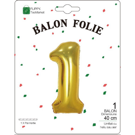 Balon din Folie Metalizata Cyrax, Figurina Cifra, Tema Aniversare 40 cm, Ambalaj Individual, Pai inclus, Umflare cu Aer sau Heliu, Auriu, Cifra 1