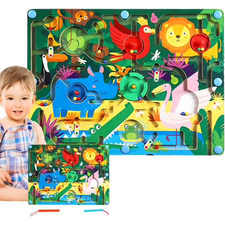 Joc Montessori de Sortare Culori, Cyrax, Creion Magnetic, Tip Labirint Ilustrat, din Lemn, Model Animale Salbatice, 39x29x1.5 cm