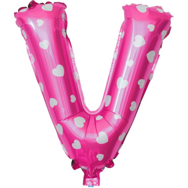 Balon Folie Metalizata Litera V, Cyrax, 40 cm, Cu Imprimeu Inimioare, Umflati cu Heliu sau Aer, Ambalaj Individual, Pai inclus, Roz