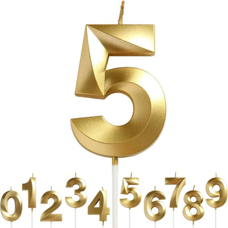 Lumanare Cifra 5, Cyrax, Model Diamond, 5 x 3.4 cm, Auriu