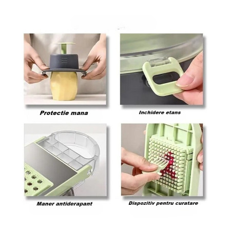 Feliator Multifunctional, Cyrax, Razatoare, 8 in 1, pentru Fructe si Legume, 12 Piese, Lame de Inox, Recipient Stocare, Separator Oua, Protectie Mana, ABS, Gri/Verde, 29.5x9x21.8 cm