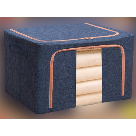 Cutie de Depozitare Pliabila,  24 L, din Bumbac si In, 40x30x20 cm, Fereastra Frontala, 2 Usi de Acces cu Fermoar Bidirectional, Cadru Metalic, Suport Baza Stabil din Plastic, Albastru Marin