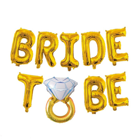 Set Baloane din Folie Metalizata, Cyrax, Model Bride to Be cu Inel de Logodna, Litere de 40 cm, Baloane Party, Ambalaj Individual, Pai Inclus, Umflare cu Aer sau Heliu, Auriu