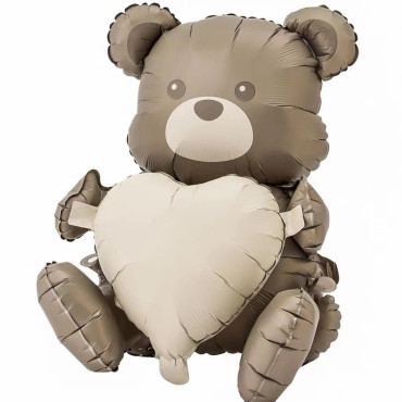 Balon din Folie Metalizata, Cyrax, Figurina Animata, Model Ursulet cu Inima, 65 x 65 cm, Ambalaj Individual, Pai Inclus, Umflare cu Aer sau Heliu, Maro