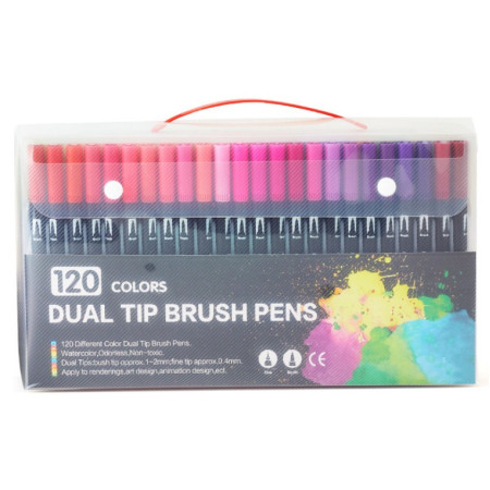 Set 120 Carioci, Cyrax, pe Baza de Apa, 2 Tipuri de Varf, 1-2 mm, 0.4 mm, Corp Carioca Negru, din Plastic, Multicolor