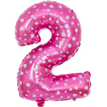 Balon din Folie Metalizata Cyrax, Figurina Cifra, Imprimeu Inimi, Tema Aniversare 80 cm, Ambalaj Individual, Pai inclus, Umflare cu Aer sau Heliu, Roz, Cifra 2