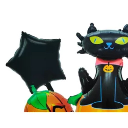 Set 5 Baloane din Folie Metalizata, Cyrax, Figurine, Tema Halloween, Pai Inclus, Ambalaj Individual, Umflare cu Aer sau Heliu, Figurina Dovleac si Pisica 90x60 cm, Stelute si Cerculete 45 cm, Portocaliu-Negru