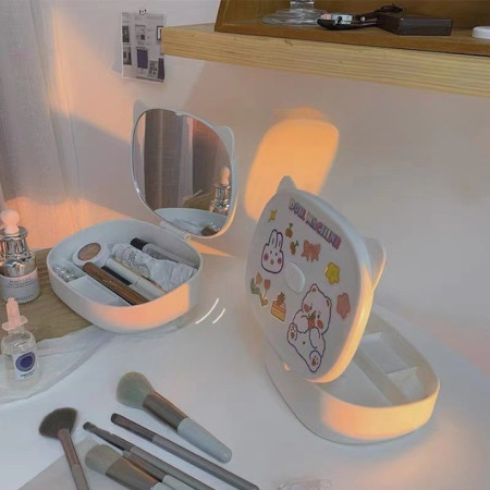 Cutie cu Oglinda, Model Pisica, Cyrax, 4 Compartimente, Cutie de Depozitare a Machiajelor si Accesoriilor, Oglinda de Machiaj, 17x13x6cm, Alb