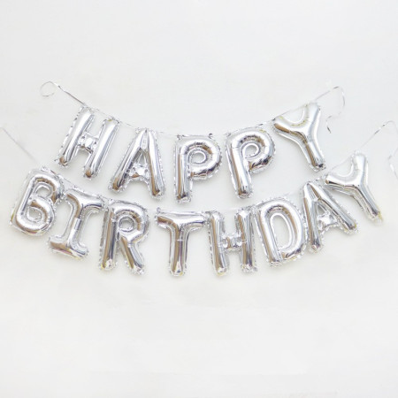 Set 13 Baloane Folie, Cyrax, Tip Ghirlanda, Model Happy Birthday, 40 cm, Argintiu