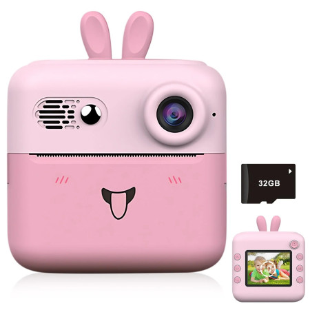 Camera Instantanee pentru Copii, Cyrax, cu Functie de Printare, Cablu USB-C, Bluetooth, Compatibil iOS/Android, Imprimare APP, Model Iepure, Snur de Agatat Inclus, Roz