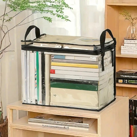 Cutie de Depozitare,  din PVC + Textil, Rezistenta la Apa, Geanta pentru Carti, 38x24x32 cm, Transparent-Negru