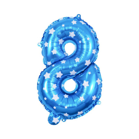 Balon din Folie Metalizata Cyrax, Figurina Cifra, Imprimeu Stele, Tema Aniversare 80 cm, Ambalaj Individual, Pai inclus, Umflare cu Aer sau Heliu, Albastru, Cifra 8