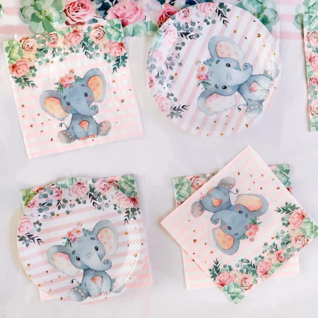 Set 20 de Servetele de Masa, Cyrax, Imprimeu Elefant, din Hartie, 16.5 x 16.5 cm, Roz