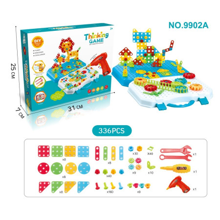 Jucarie Educativa Si Interactiva, Cyrax, Set De Constructie Puzzle Din ABS Cu Bormasina Pentru Dezvoltatea Creativitatii Si A Indemanarii 2D si 3D, Valiza, +3, 31x7x25 cm, 336 Piese