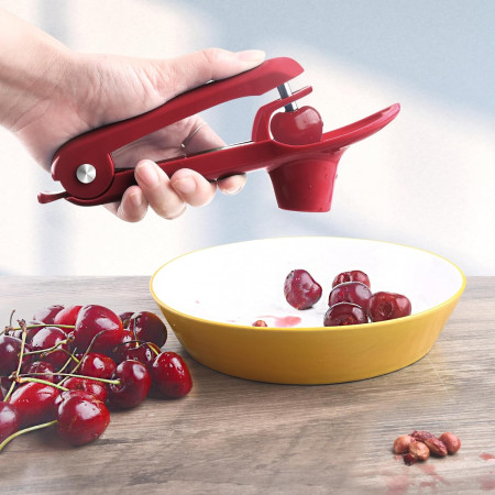 Dispozitiv de Scos Samburi, Cyrax, Manual, cu 1 Gaura, pentru Cirese/Masline, 20.5 x 3.8 x 13 cm, din ABS+Otel Inoxidabil, cu Maner, Rosu