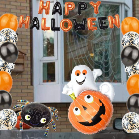 Set 5 Baloane din Folie Metalizata, Cyrax, Figurine, Tema Halloween, Pai Inclus, Ambalaj Individual, Umflare cu Aer sau Heliu, Figurina Dovleac cu Fantoma 64x80 cm, Stelute si Cerculete 45 cm, Multicolor