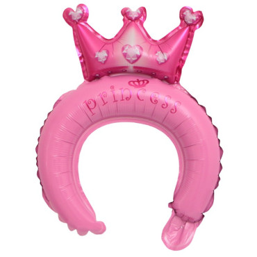 Balon din Folie Metalizata, Cyrax, Tip Coronita cu Urechi, Model Coronita de Printesa, Ambalaj Individual, Pai Inclus, Umflare cu Aer sau Heliu, 30 x 27 cm, Roz