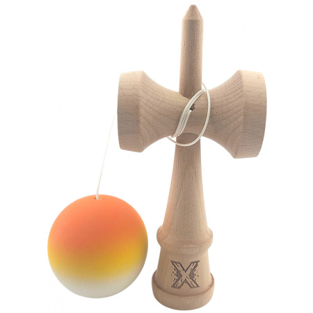 Kendama X Originala, Profesionala, Cyrax, din Lemn, Rubber Grip, 18 cm, Gradient Portocaliu/Galben/Alb