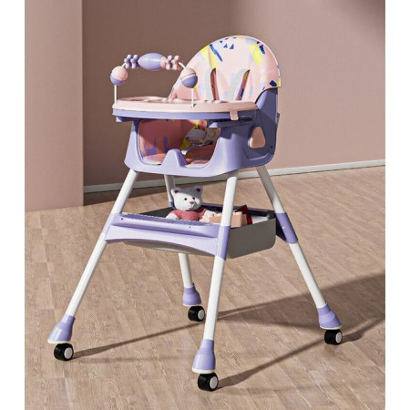 Scaun de Masa pe Roti pentru Copii, Cyrax, 2 Tavite si Husa Detasabile, Multifuncțional, Stabil, Centura de Siguranta, Spatar Reglabil Moale, Balansoar, Cos de Depozitare, de la 6 Luni, Mov