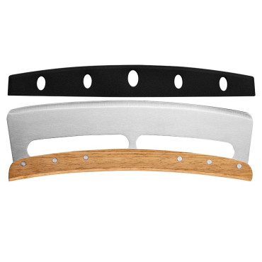 Taietor Feliator de Pizza, Cyrax, din Otel Inoxidabil, cu Capac, Maner din Lemn, Antialunecare, Lama Neteda si Ascutita, 34x10 cm, Maro