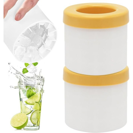 Tava de Gheata din Silicon cu Capac, Cyrax, Forma de Gheata pentru Racirea Bauturilor, in Forma de Pahar, Silicon fara BPA, Cuburi de Gheata, 9x8.5x8 cm, Galben