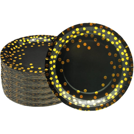 Set 10 Farfurii Unica Folosinta, Cyrax, Imprimeu cu Buline, din Carton, Diametru 23 cm, Negru/Auriu