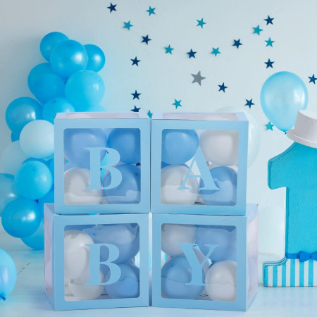 Set 4 Cutii pentru Baloane, Cyrax, Model Scris Baby, Tematica Iubire, Cuburi Decorative din Plastic, Accesorii pentru Petrecere, 30 x30 cm, Transparente Contur Albastru