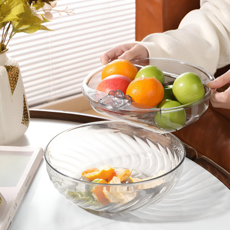 Bol cu Doua Straturi, Cyrax, pentru Fructe, Legume, Snacks, cu Strat de Scurgere a Apei, Suport pentru Telefonul Mobil, 22.4x9 cm, Transparent