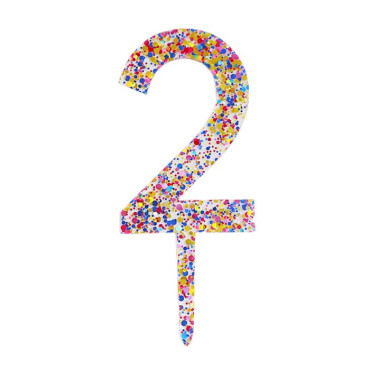 Decoratiune Topper pentru Tort, Cyrax, din Acrilic cu Fulgi de Sclipici, Model Cifra 2, Inaltime 18.5 cm, Transparent Multicolor