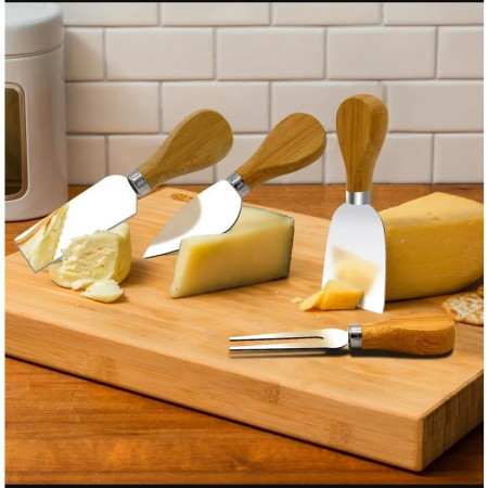 Set 4 cutite pentru branza Cyrax, din otel inoxidabil, maner din lemn de salcam, pentru branza sau unt, 15 x 6.3 x 3 cm, argintiu
