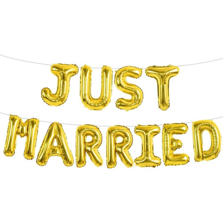 Set Baloane din Folie Metalizata, Cyrax, Model Just Married, Litere de 40 cm, Baloane Party, Ambalaj Individual, Pai, Ata si Adeziv Incluse, Umflare cu Aer sau Heliu, Auriu