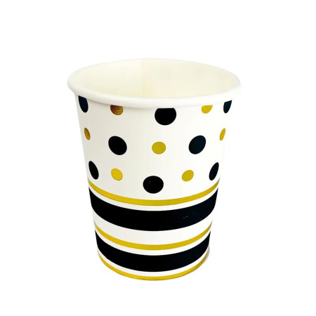 Set 10 Pahare, Cyrax, Imprimeu cu Buline si Dungi, din Carton, 250 ml, 7.5 x 8.5 x 5.2 cm, Negru/Auriu