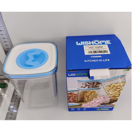 Cutie de Depozitare pentru Bucatarie, Cyrax, 1.3L, din ABS+PET+Silicon, Capac Alb/Albastru, 11.5 x 15 x 8 cm, Transparent