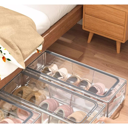 Cutie de Depozitare pentru Pantofi,  60*30*21CM , din Plasa PVC Impermeabila si Cadru de Otel, Pliabila, Fermoar Bidirectional, Transparenta