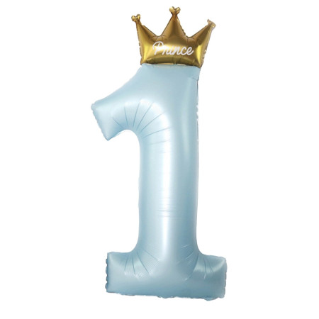Balon din Folie Metalizata, Cyrax, Figurina Cifra 1, Model Coroana Print, 91 cm, Ambalaj Individual, Pai inclus, Umflare cu Aer sau Heliu, Albastru