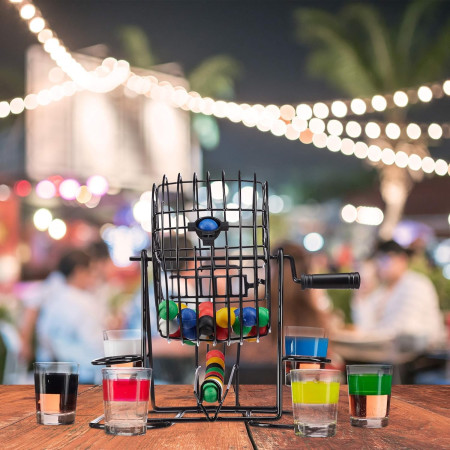 Joc Mini Loterie Cyrax, Bingo, cu Pahare de Shot din Sticla, 20 x 20 x 19 cm, 48 Bile, Negru