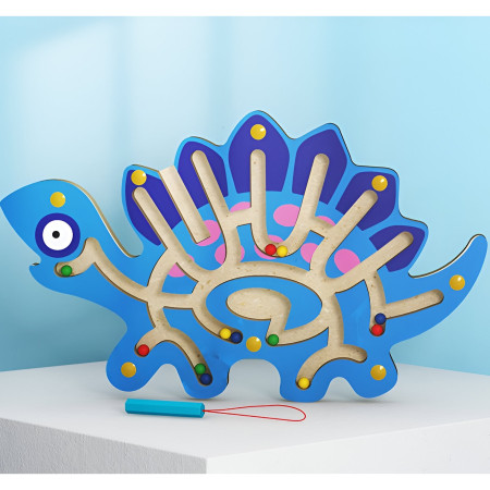 Joc Montessori cu Bile, Cyrax, Creion Magnetic, Tip Labirint, din Lemn, Model Stegozaur, 25x15.5 cm, Albastru