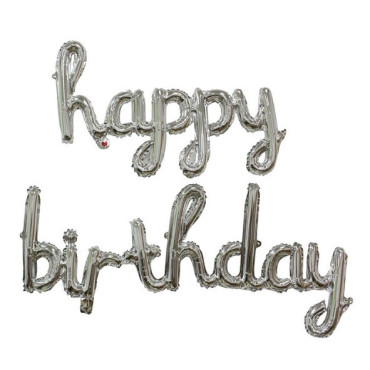 Set 10 Baloane din Folie Metalizata, Cyrax, Figurine Litere, Model Scris de Mana Happy Birthday, Tema Aniversare, 40 cm, Ambalaj Individual, Pai Inclus, Umflare cu Aer sau Heliu, Argintiu