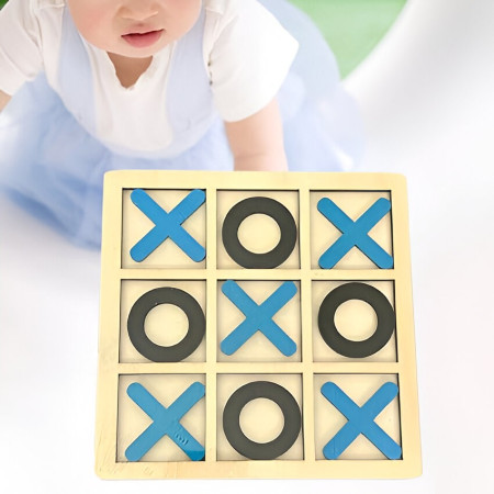 Jucarie Montessori Tic Tac Toe, Cyrax, Educativa, Interactiva, din lemn, X si O, 9 Piese, 14.3x14.3 cm, Albastru Negru