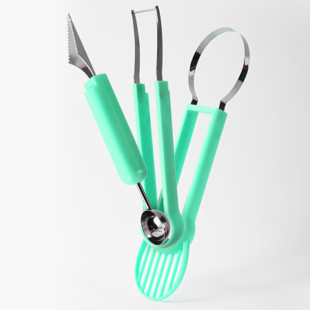 Ustensila bucatarie 4 in 1 pentru taiat si decorat fructe Cyrax, material inox si plastic, compact, 28x6.2 cm, verde