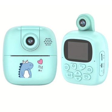 Camera Instantanee pentru Copii, Cyrax, Camera Frontala + Selfie, cu Functie de Printare, Cablu USB-C, Bluetooth, Compatibil iOS/Android, Imprimare APP, Model Dino, Albastru