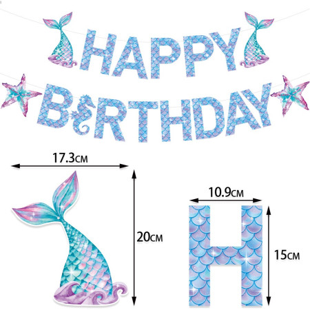 Banner Happy Birthday Sirena, Cyrax, Colectia Mermaid, 17 Piese, Multicolor