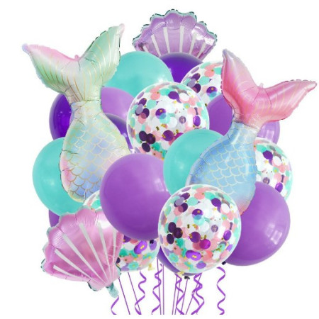 Baloane decorative Aqua Sirene, Cyrax, Set MIX 22 baloane, din folie de alumiu, 2 Sirene, 2 Scoici, 18 baloane din latex, 50 x 85 cm Adeziv si pai inclus, Mov Multicolor