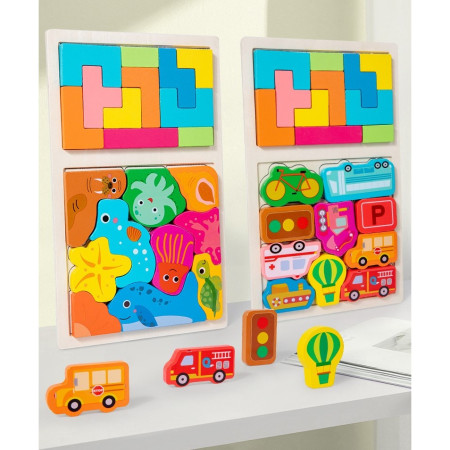 Puzzle Montessori din Lemn pentru Copii, Cyrax, Tip Tetris 2in1 +3 Ani, cu Animale Marine Colorate 3D, Educativ, Intuitiv, Creativ, 21 de Piese, 28.5x17x1.2 cm, Multicolor