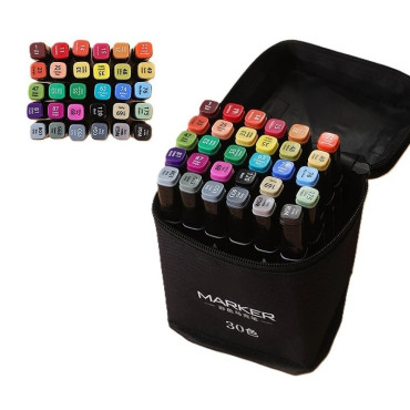 Set 30 Markere, Cyrax, pe Baza de Ulei, Dublu Capat, Subtire 1mm si Gros 6 mm, Geanta Depozitare, 15 cm, Multicolor