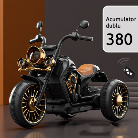 Tricicleta Electrica pentru Copii, Cyrax, cu 2 Acumulatoare 380*2, 6V 4.5, Telecomanda, Bluetooth, Sistem Anti-Rasturnare, Sistem de Lumini si Sunet, 6-8 Ani, 93 x 48 x 63 cm, Negru